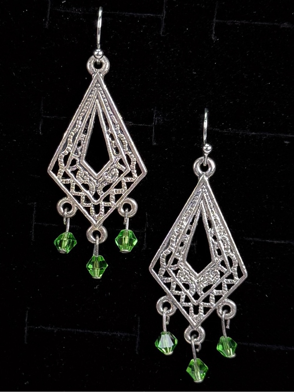 Lightweight, silvertone, green reflective beads pierced earrings
